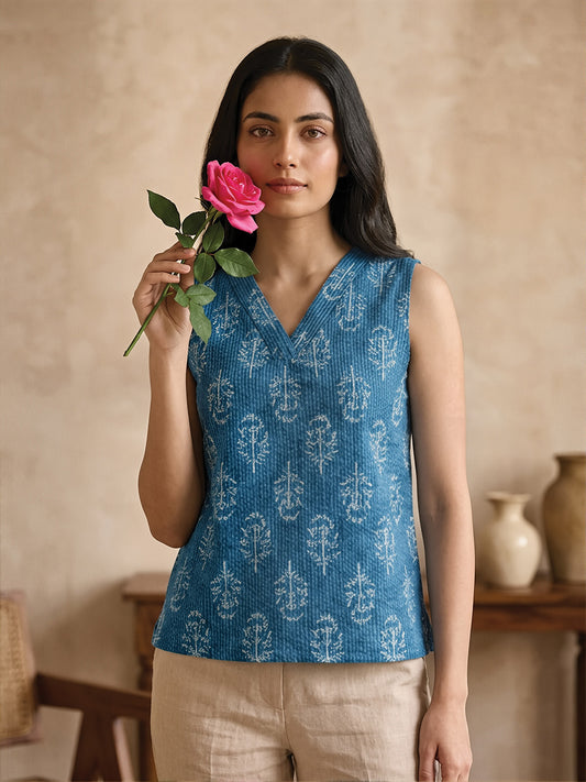 French Blue Floral Print Short Kurta