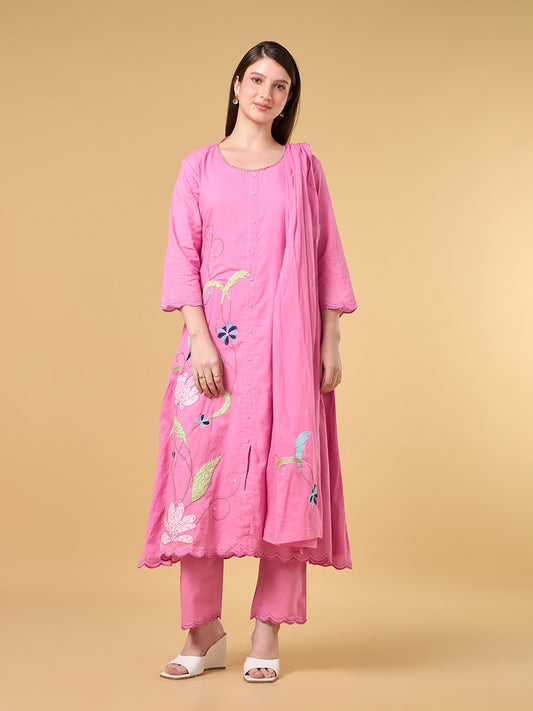 Pink Embroidered Cotton Suit