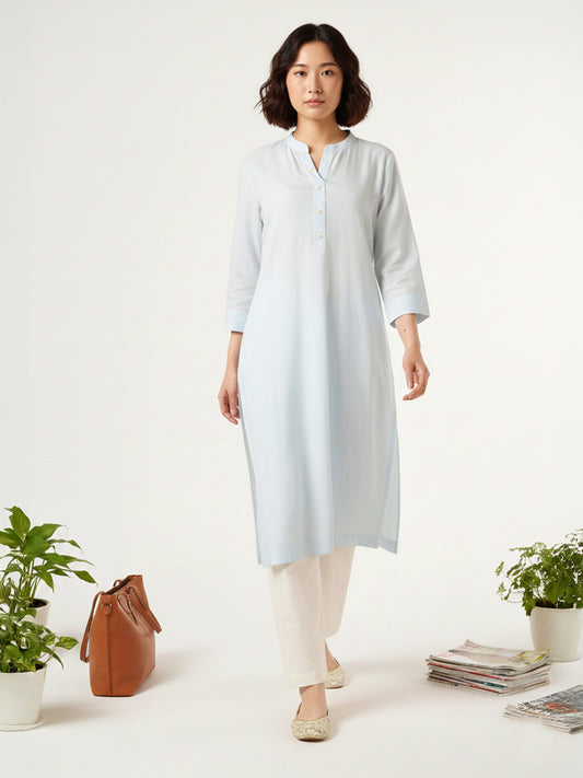Classic Linen Sky Blue Straight Long Kurta