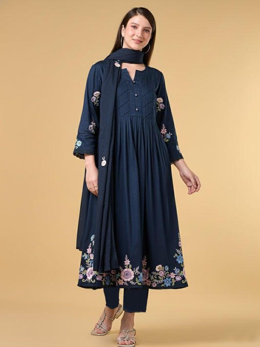 Navy Blue Embroidered Cotton Suit
