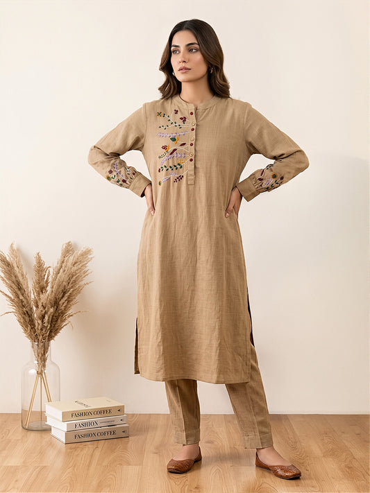 Light Brown Embroidered Work linen Coord Set