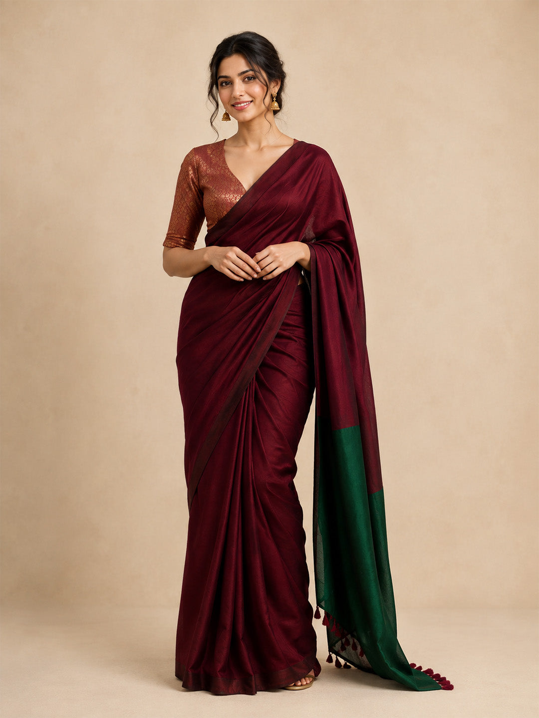 Maroon Green Contrast Cotton Saree