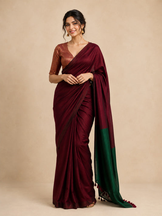 Maroon Green Contrast Cotton Saree