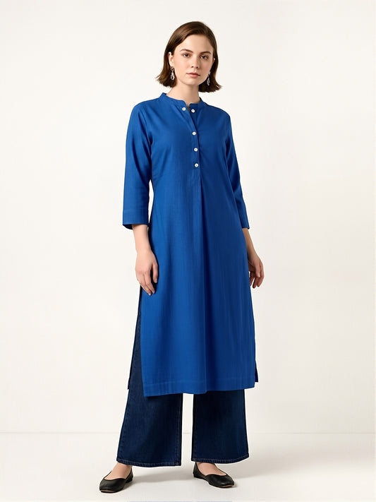 Classic Linen Royal Blue Straight Long Kurta