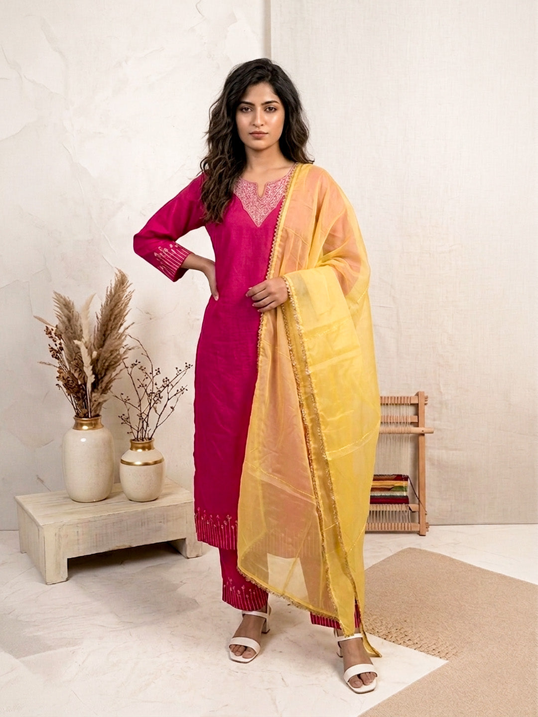Saanjh Rani Pink Mirror Work Cotton Suits
