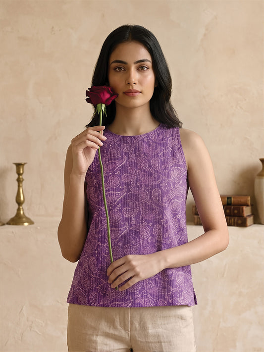 Purple Paisley Print Short Kurta