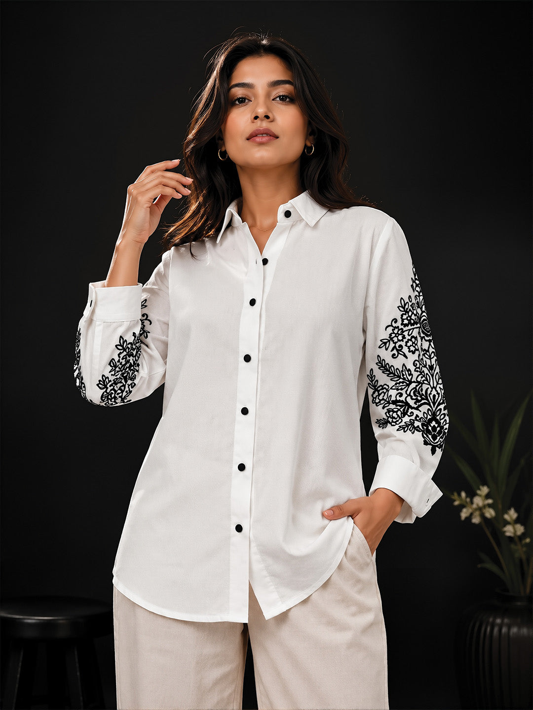 White Floral Embroidered Shirt