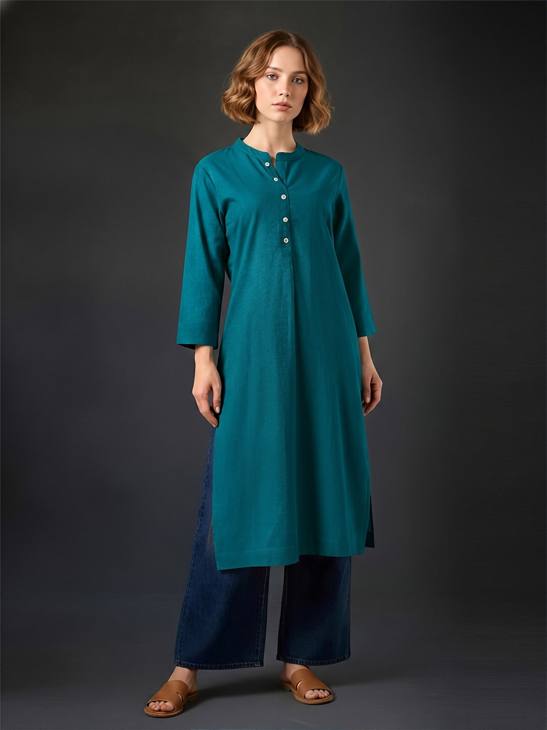 Classic Linen Teal Green Straight Long Kurta