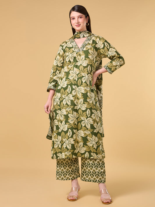 Olive Green Tropical Printed Cotton Suit