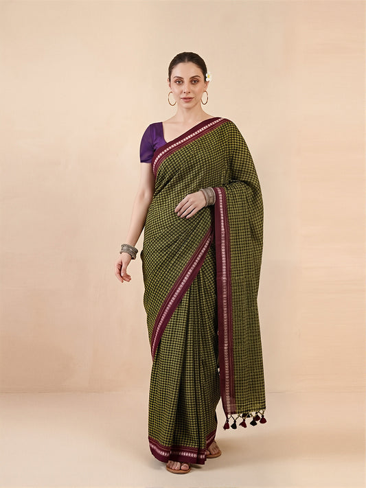 Heera Green Flower Cotton Khun Saree