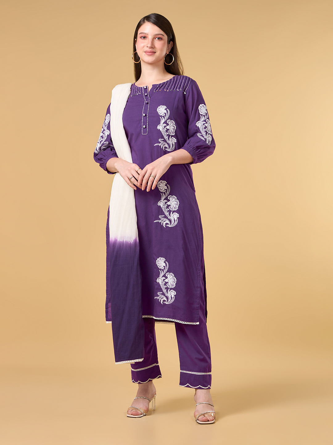 Dark Purple Embroidered Cotton Suit