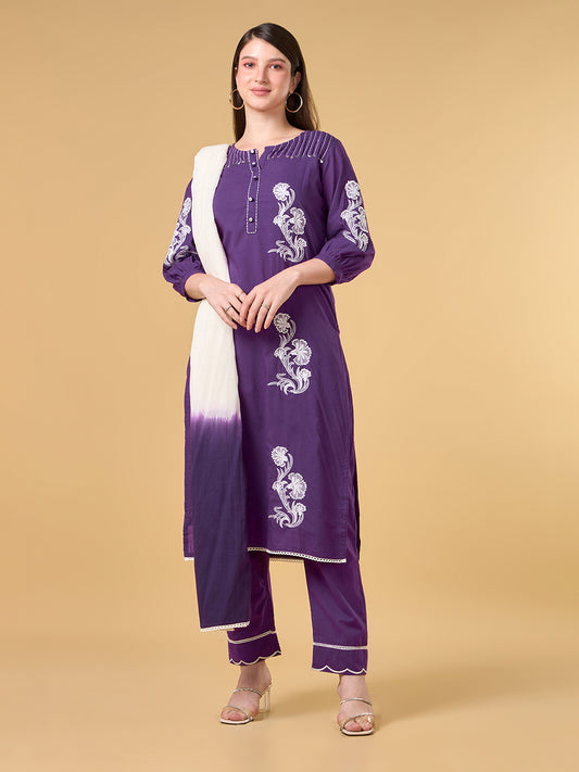 Dark Purple Embroidered Cotton Suit