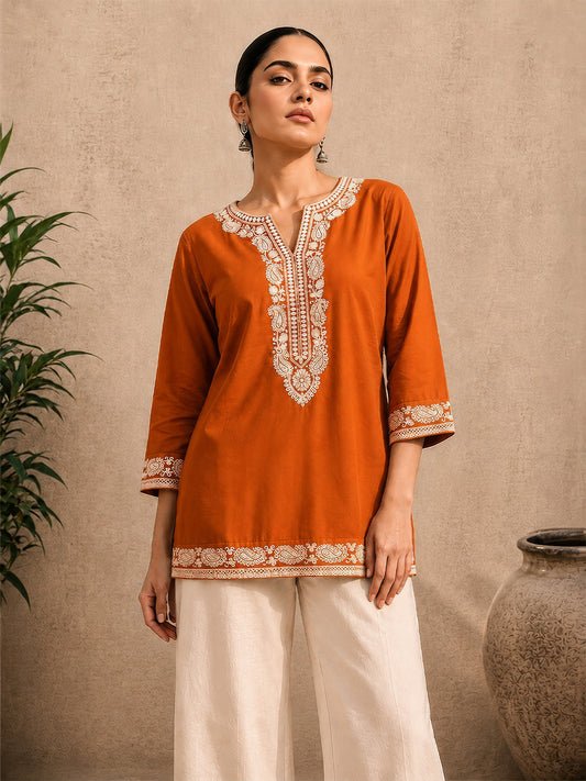 Rust Orange Floral Embroidered Short Kurta