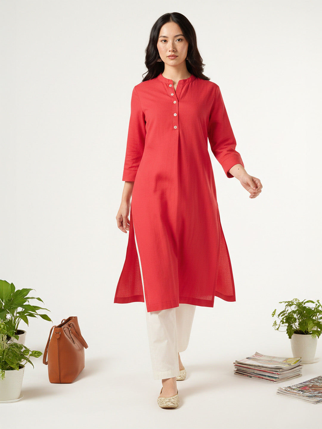 Classic Linen Red Straight Long Kurta