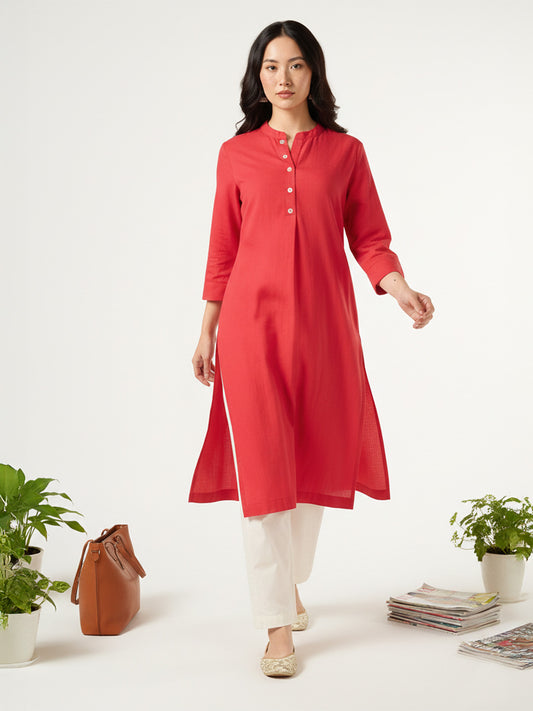 Classic Linen Red Straight Long Kurta