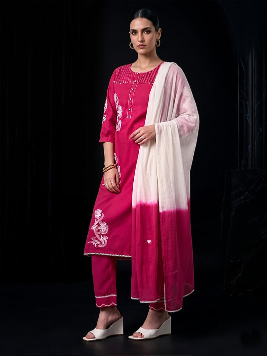 Bright Pink Embroidered Cotton Suit