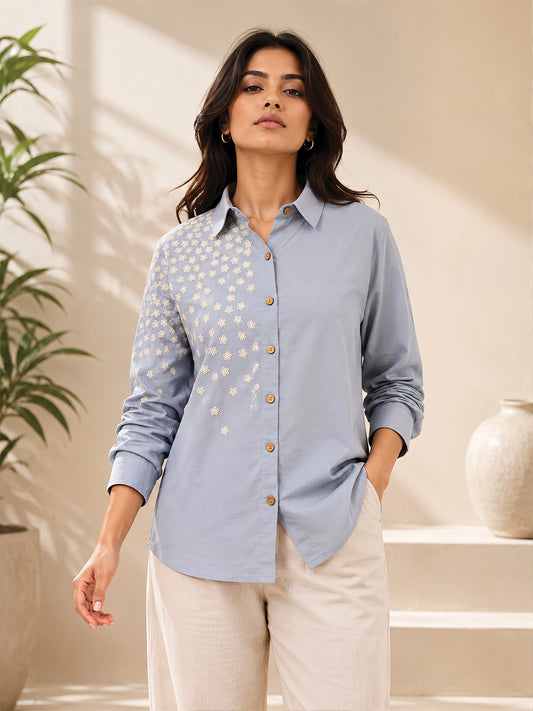 Sky Blue Flower Embroidered Cotton Shirt