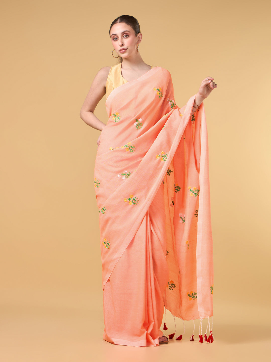 Pastel Orange Floral Embroidered Cotton Saree
