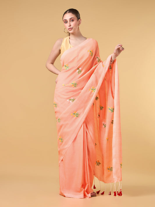 Pastel Orange Floral Embroidered Cotton Saree