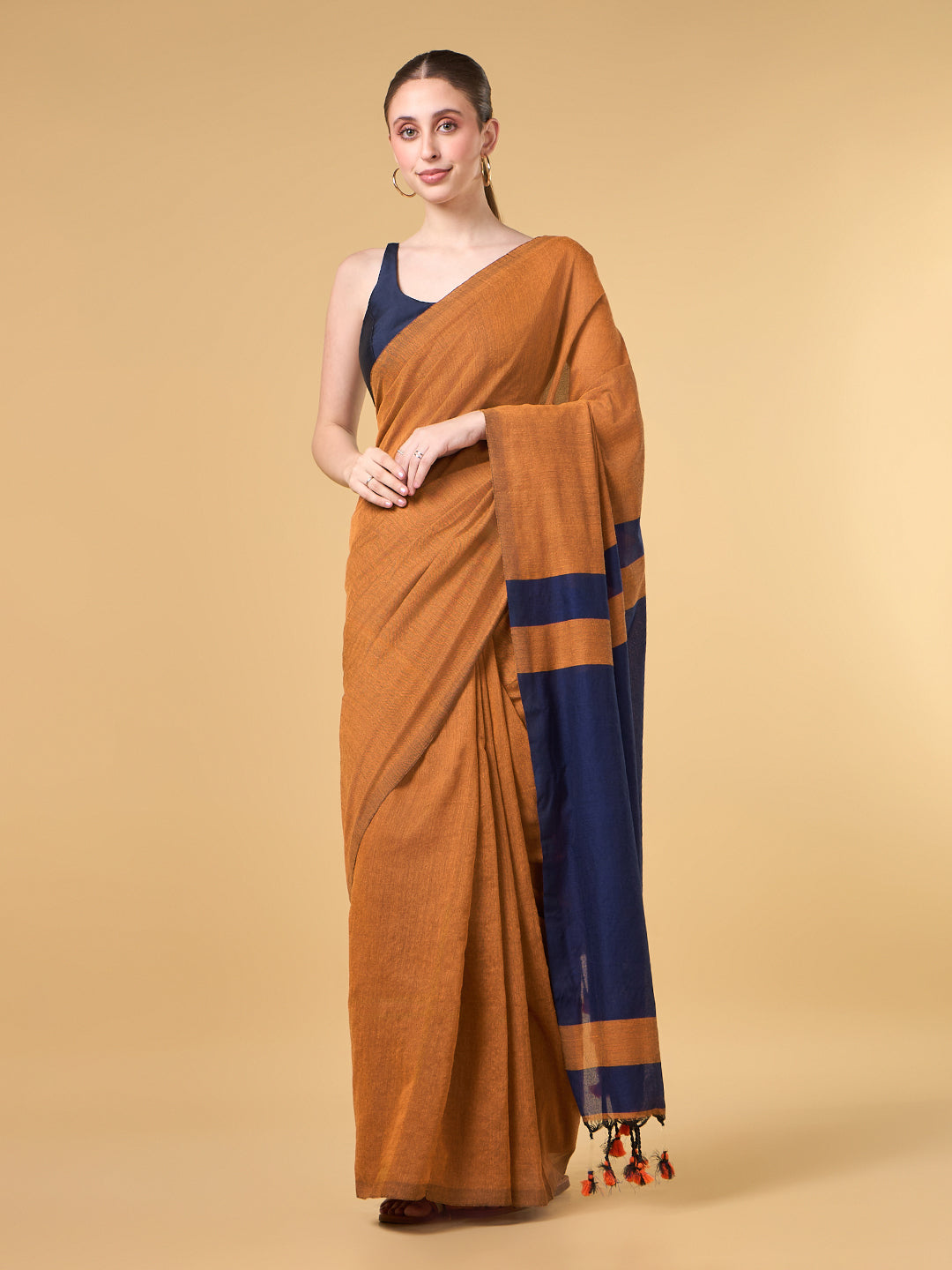 Dark Orange Blue Contrast Cotton Saree