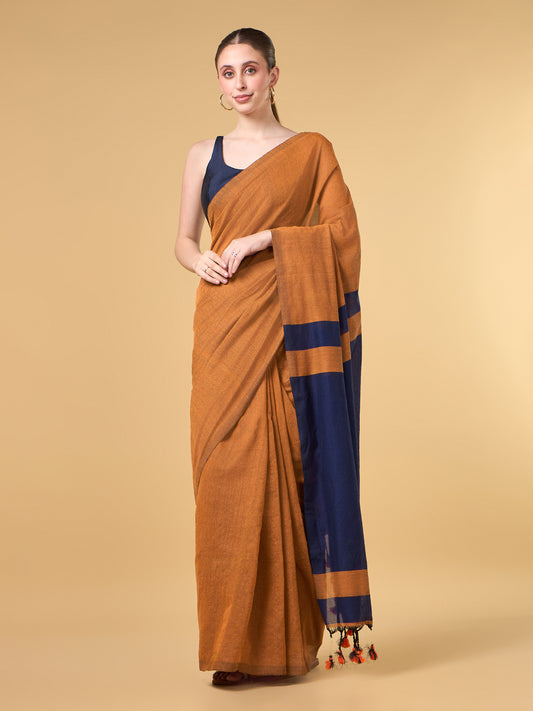 Dark Orange Blue Contrast Cotton Saree