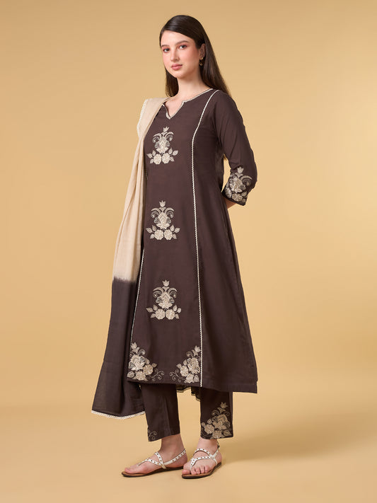 Dark Brown Embroidered Cotton Suit