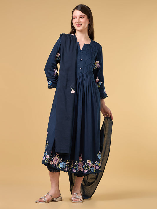 Navy Blue Embroidered Cotton Suit