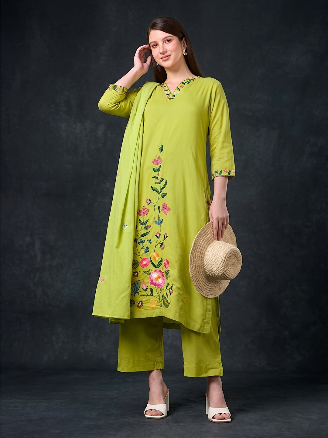 Green Embroidered Cotton Suit