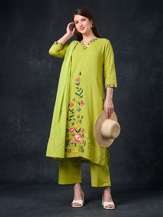 Green Embroidered Cotton Suit