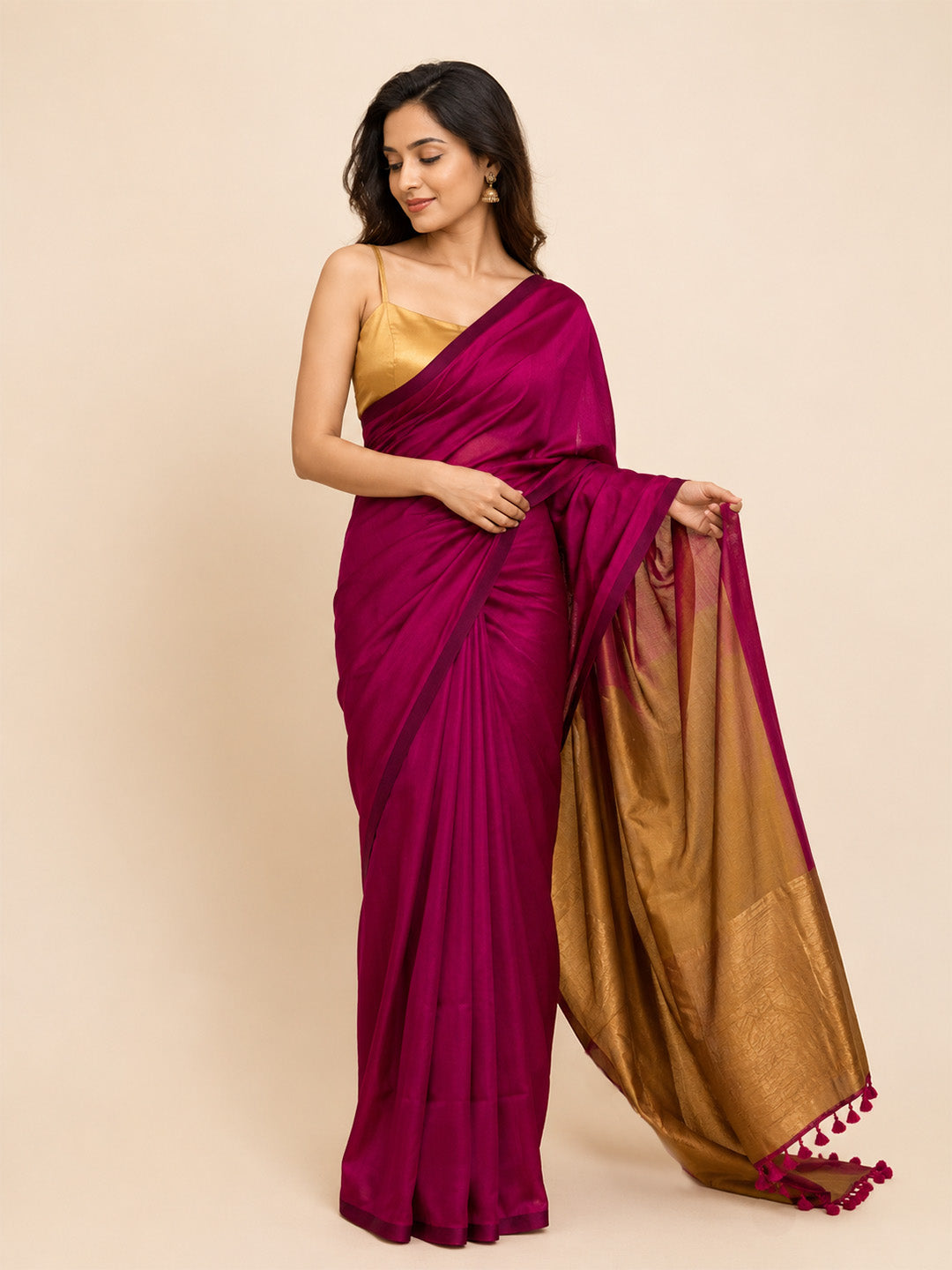 Rani Pink Gold Contrast Cotton Saree