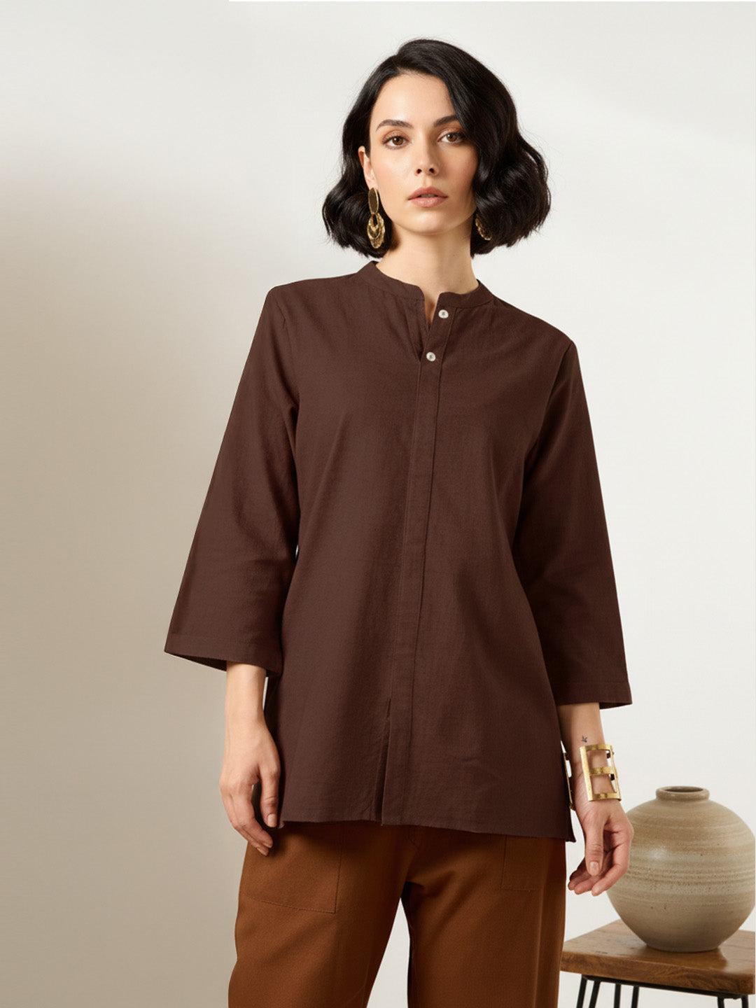 Classic Linen Dark Brown Short Kurta