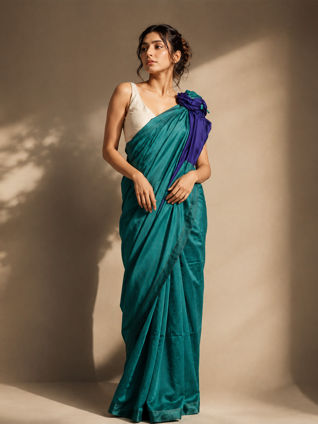 Teal Green Contrast Cotton Saree