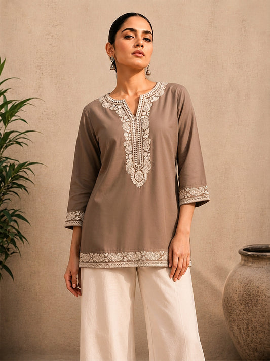 Light Brown Floral Embroidered Short Kurta