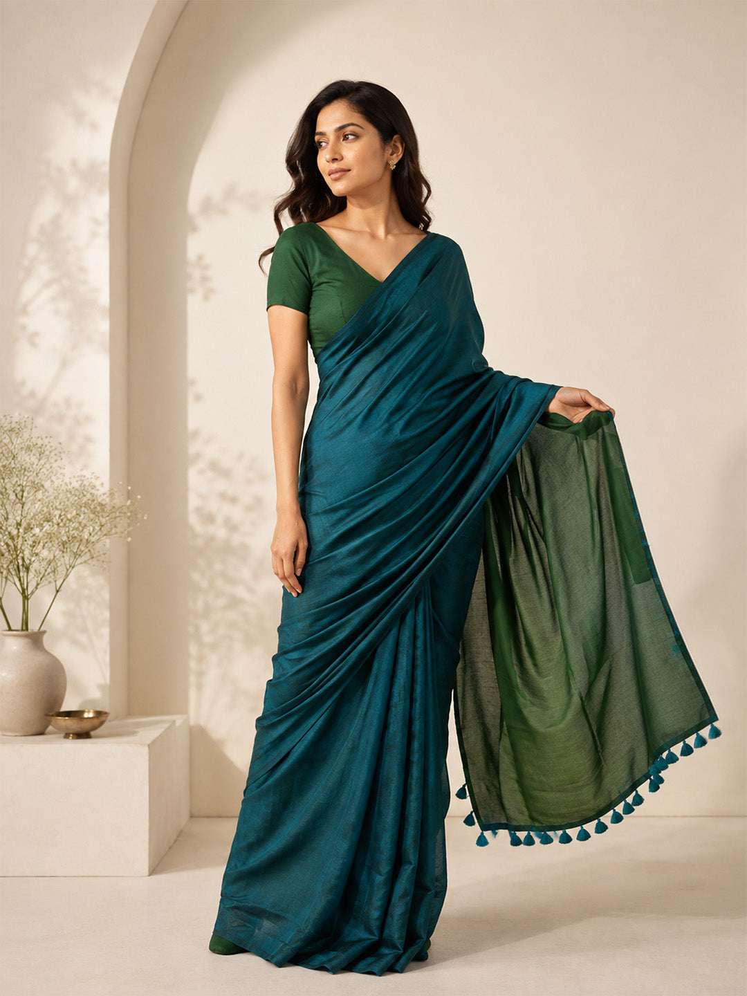 Dark Teal Green Contrast Cotton Saree