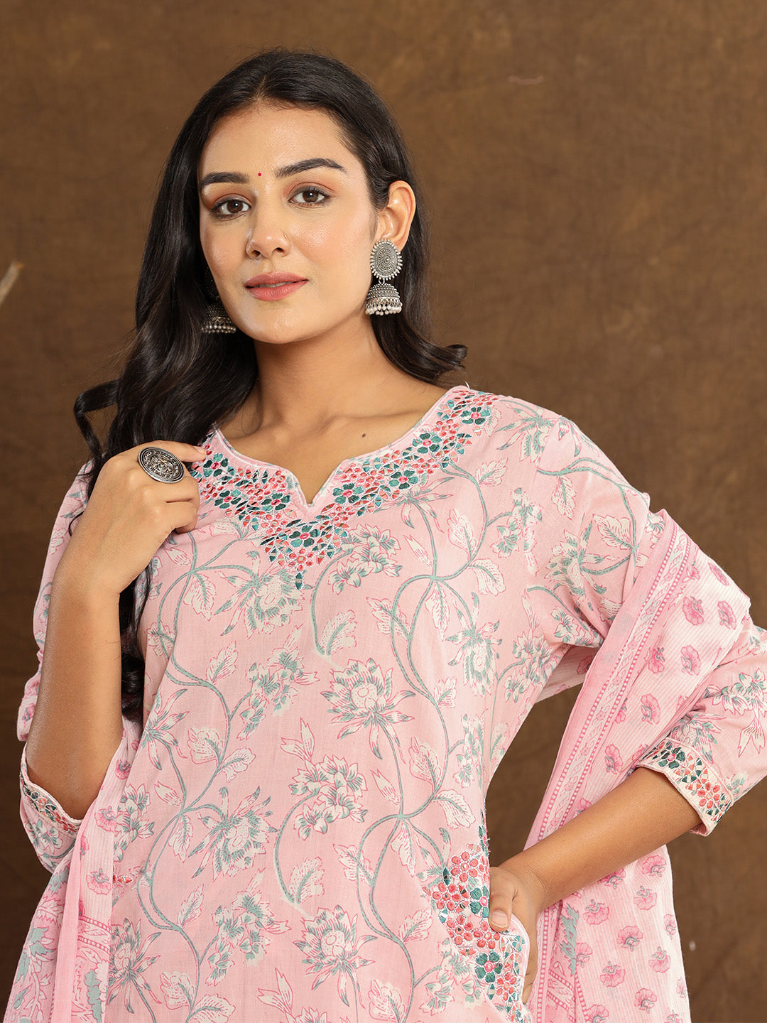 Baby Pink Lotus Printed Afghani Cotton Suit