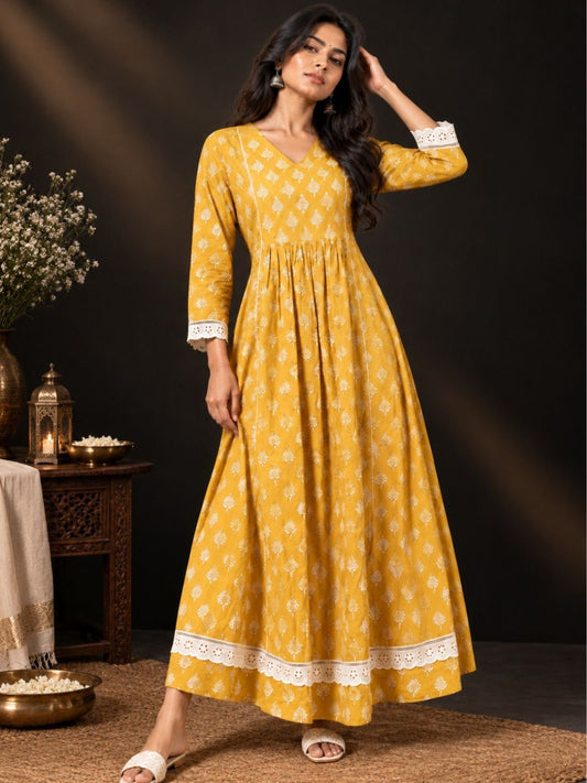Mustard Lace Work Cotton kurta