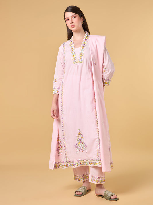 Pastel Pink Embroidered Cotton Suit