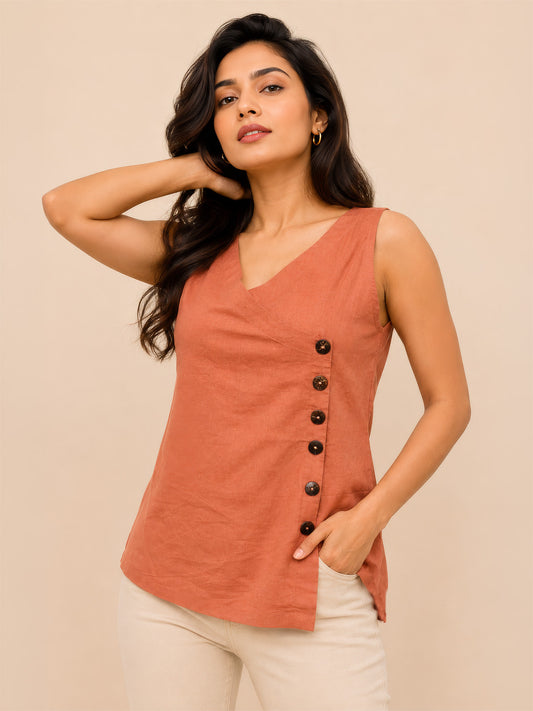 Dark Peach Cotton Short Kurta