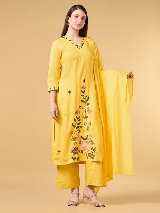 Yellow Embroidered Cotton Suit