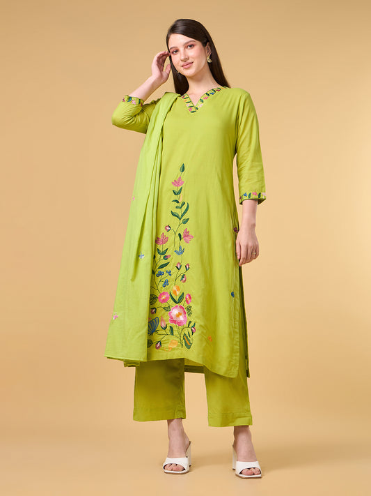 Green Embroidered Cotton Suit