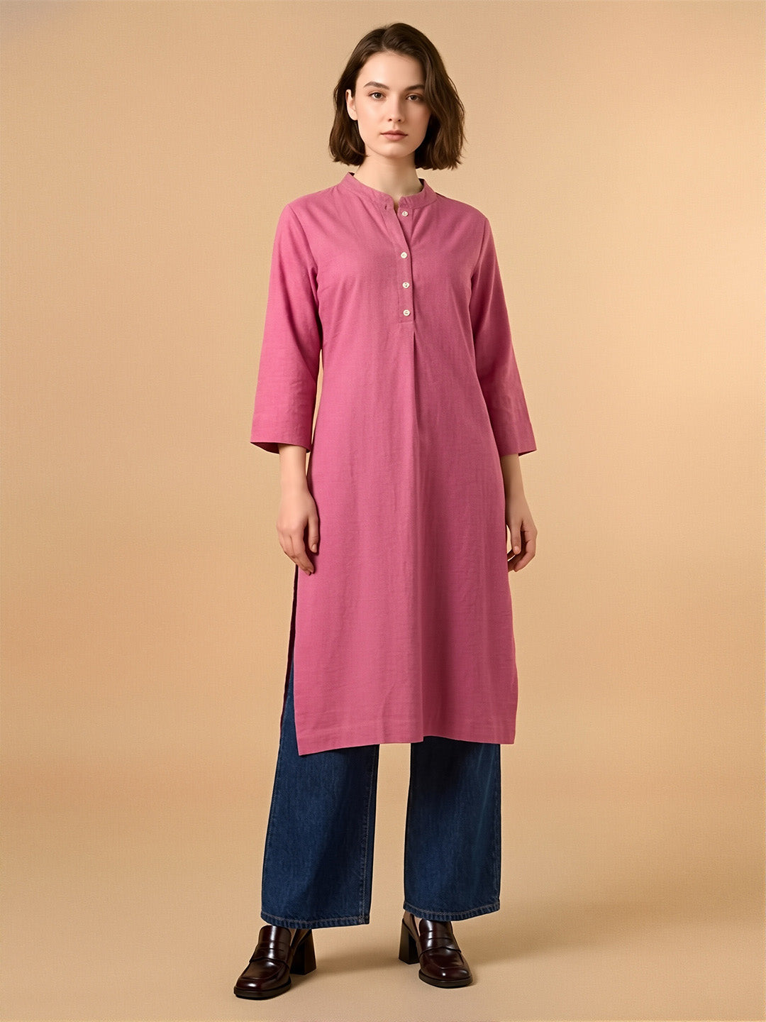 Classic Linen Watermelon pink Straight Long Kurta