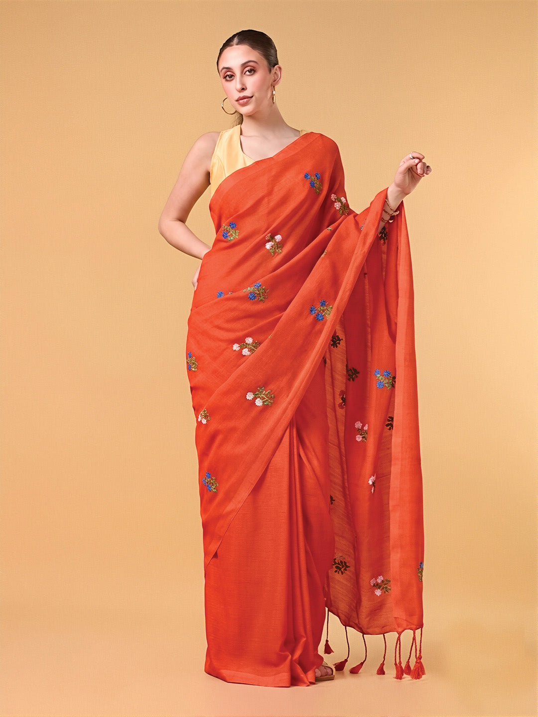 Saffron Floral Embroidered Cotton Saree