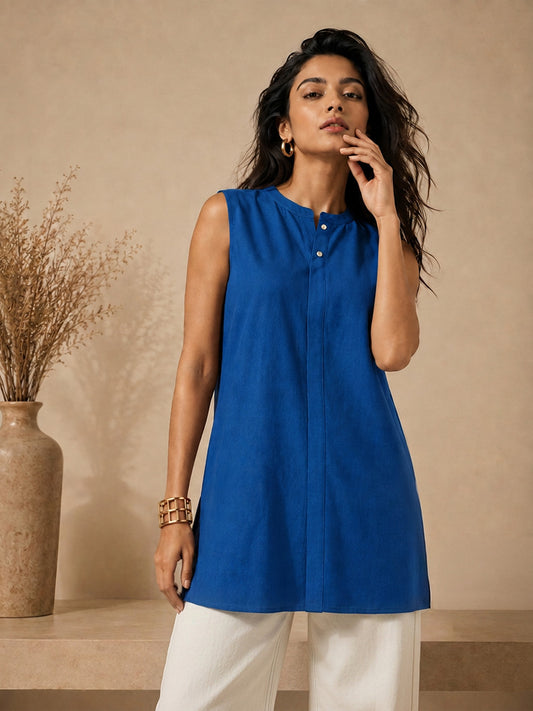 Linen Royal Blue Solid Short kurta