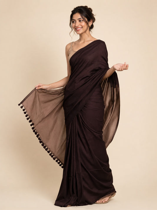 Dark Brown Contrast Cotton Saree