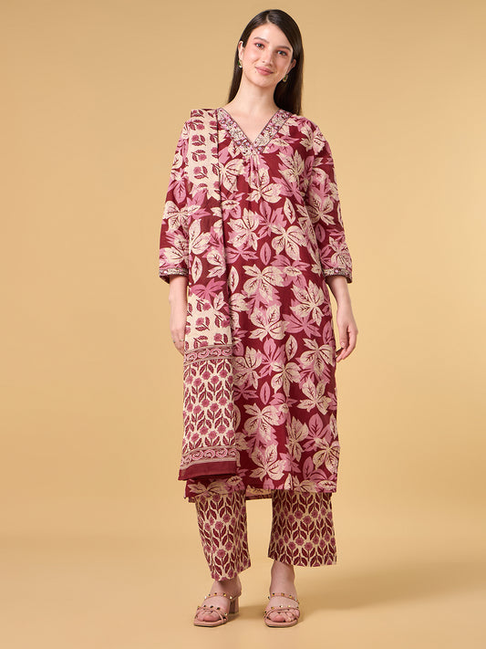 Maroon Tropical Printed Cotton Suit