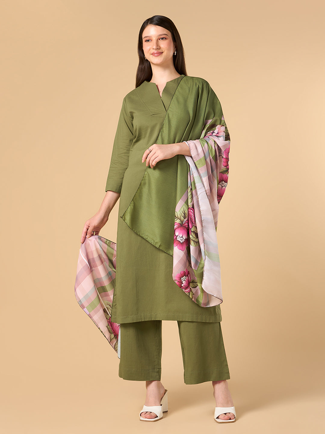 Olive Green Solid Cotton Suit
