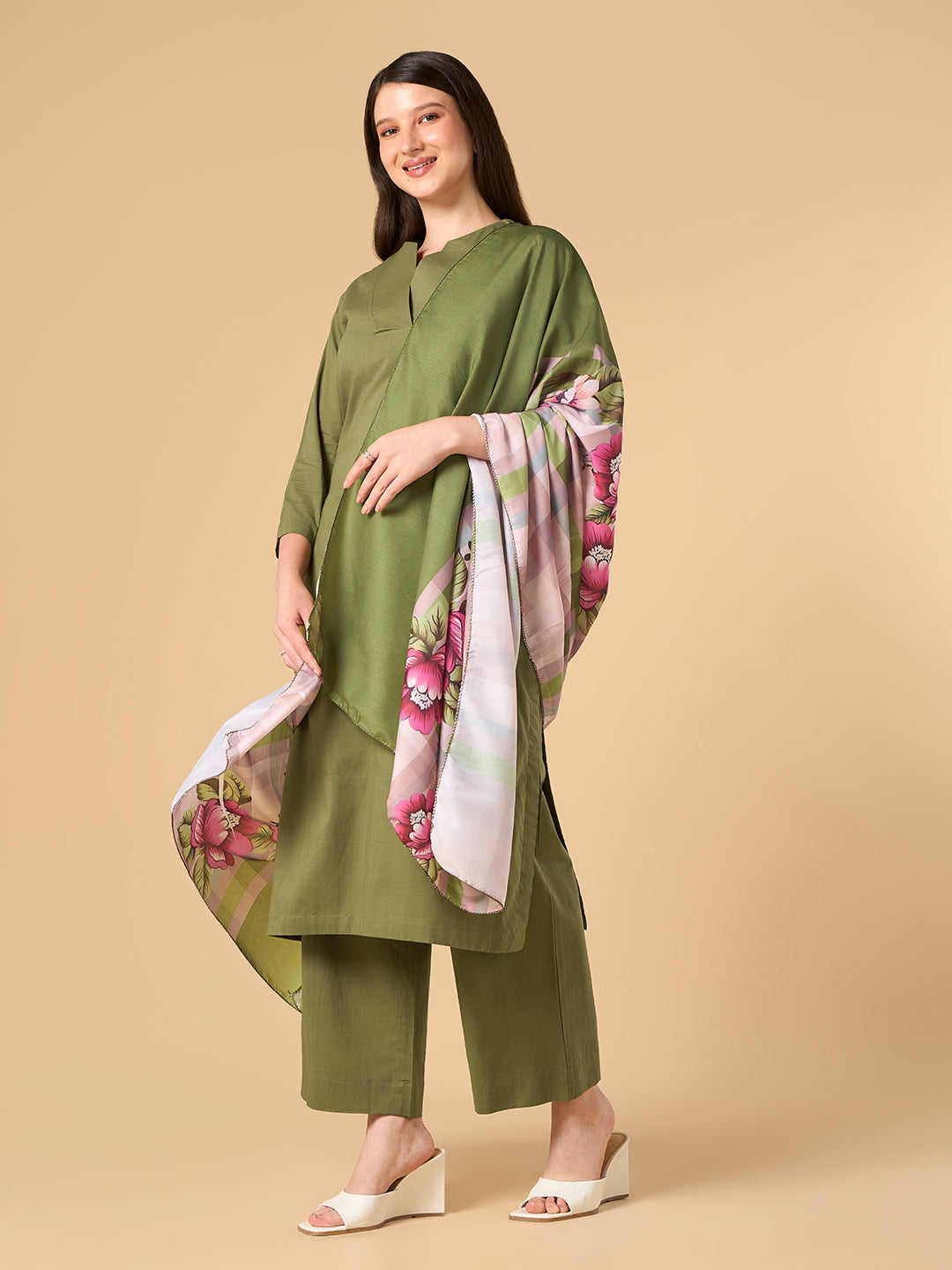 Olive Green Solid Cotton Suit