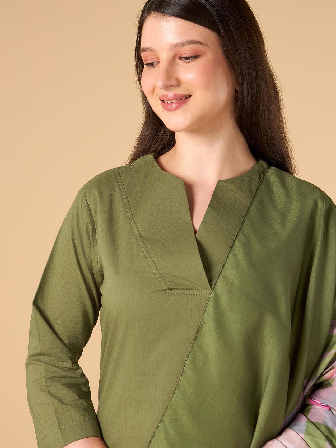 Olive Green Solid Cotton Suit