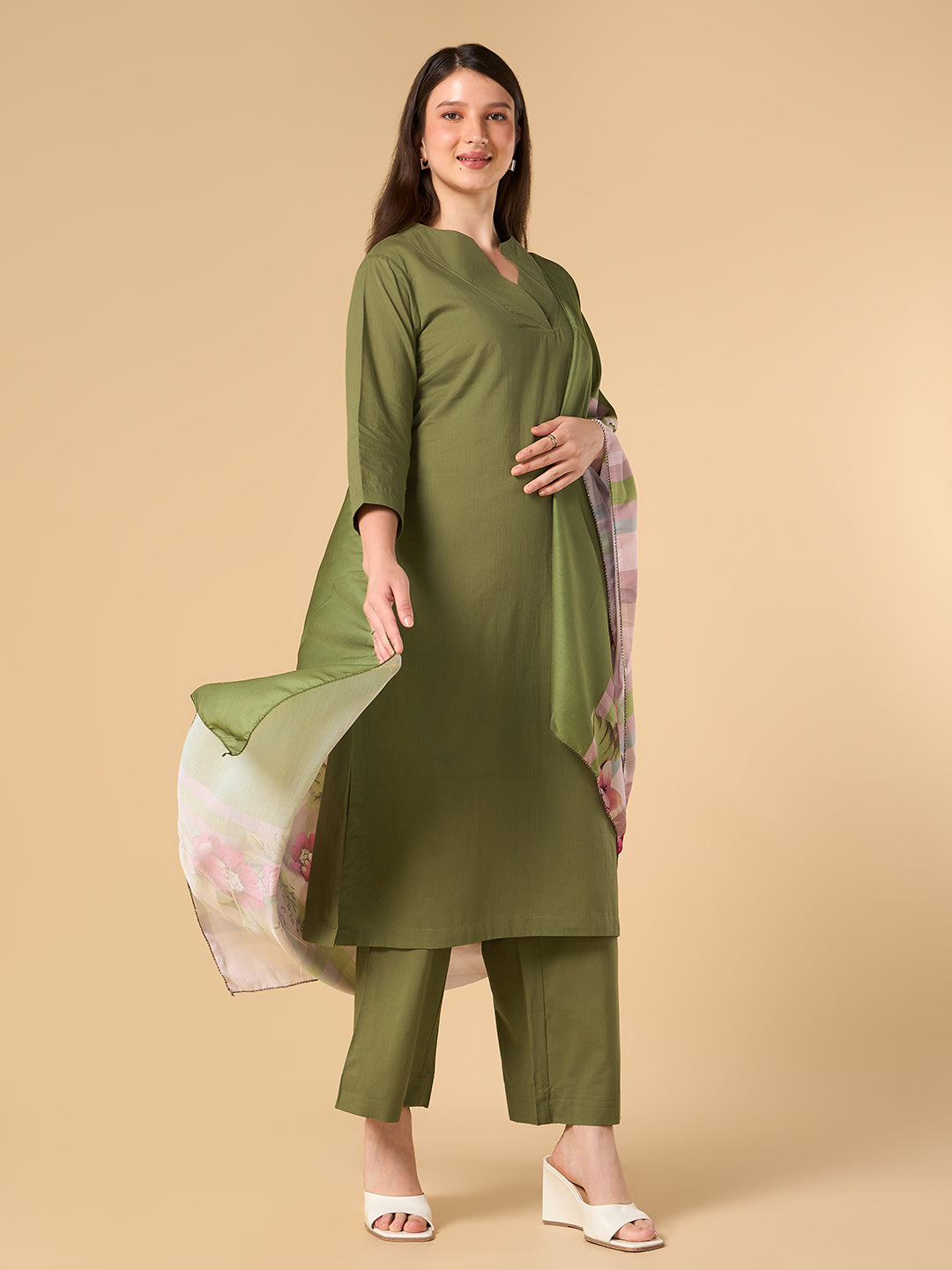 Olive Green Solid Cotton Suit