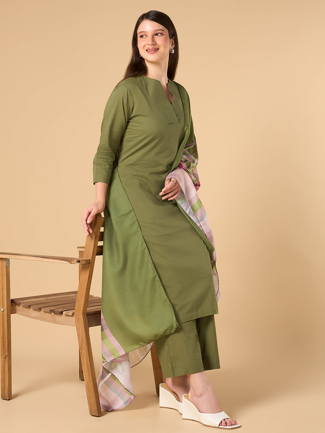 Olive Green Solid Cotton Suit